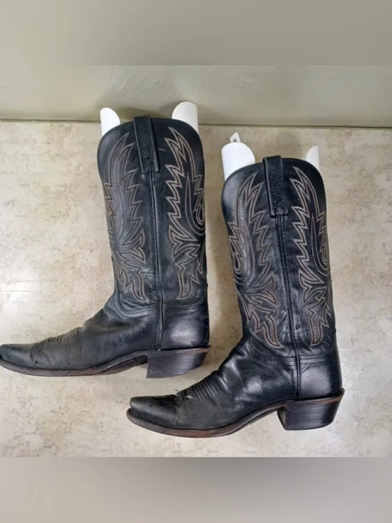 Vintage Dan Post Ostrich Leather Black Cowboy Boots, Size Men's 8.1/2 Pull-On - Picture 11 of 16